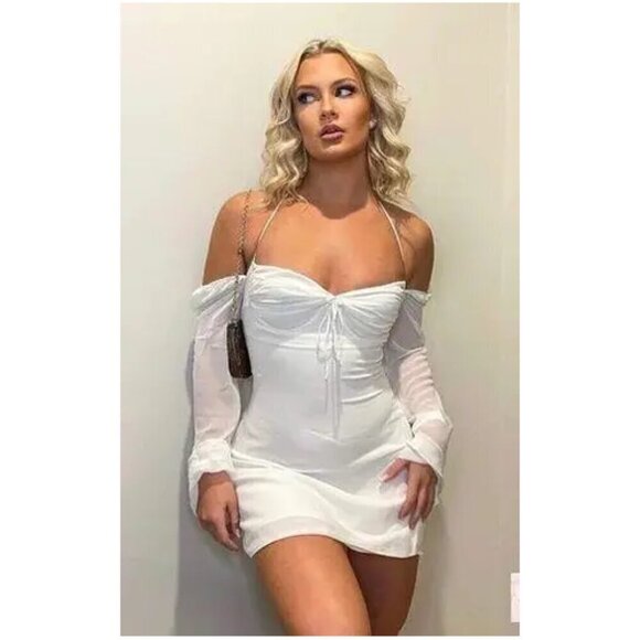 HOUSE OF CB Babydoll Halter Long Sleeve Minidress in Ivory Size X-Small - Picture 1 of 14
